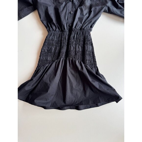 SELF PORTRAIT Black One Shoulder Cotton Poplin Ruched Crochet Trim Dress, Size 0 - Picture 6 of 11